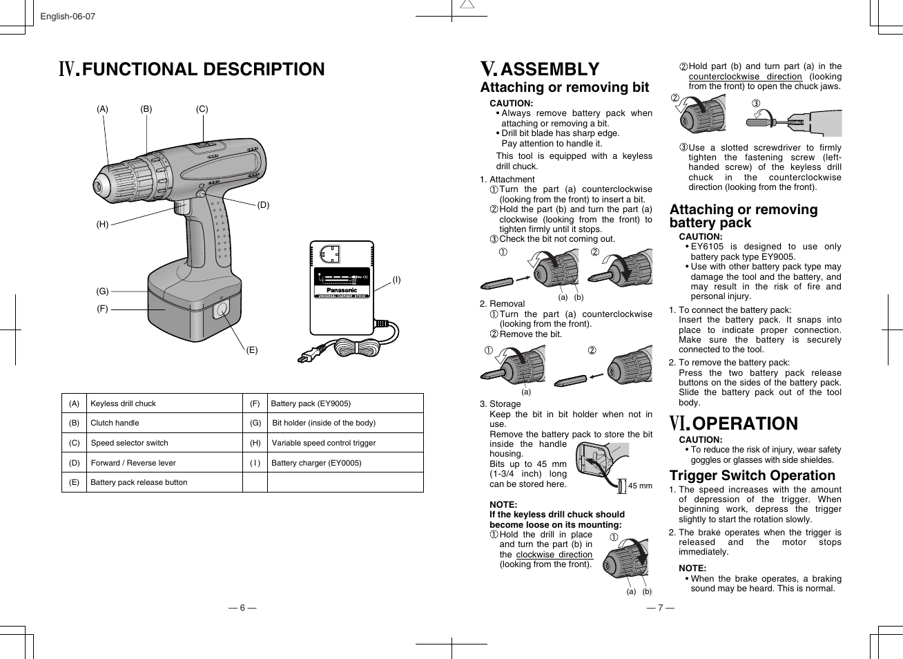 Functional description, Assembly, Operation | Attaching or removing bit | Panasonic EY6105 User Manual | Page 4 / 16