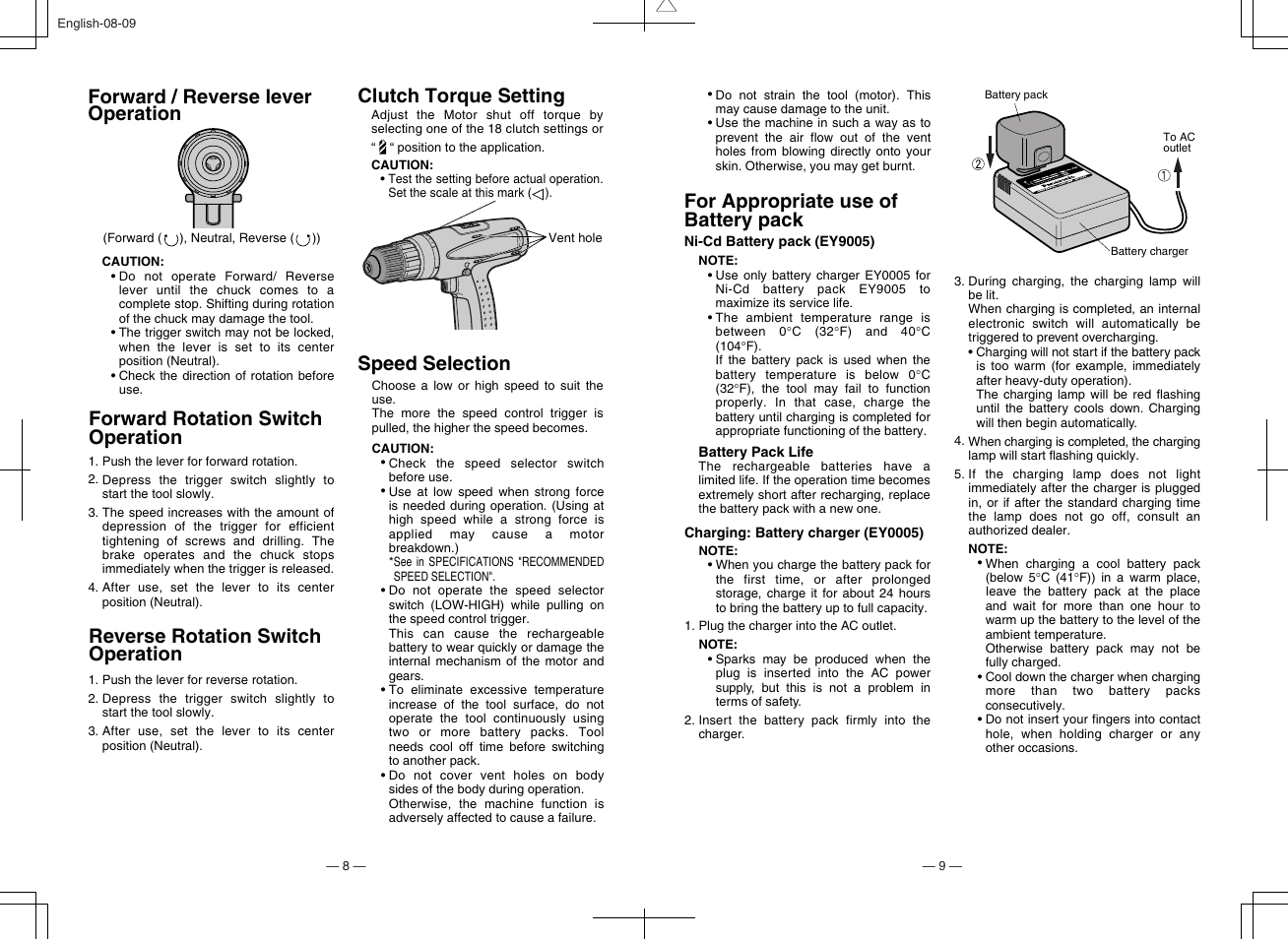 For appropriate use of battery pack, Speed selection, Forward / reverse lever operation | Panasonic EY6105 User Manual | Page 5 / 16