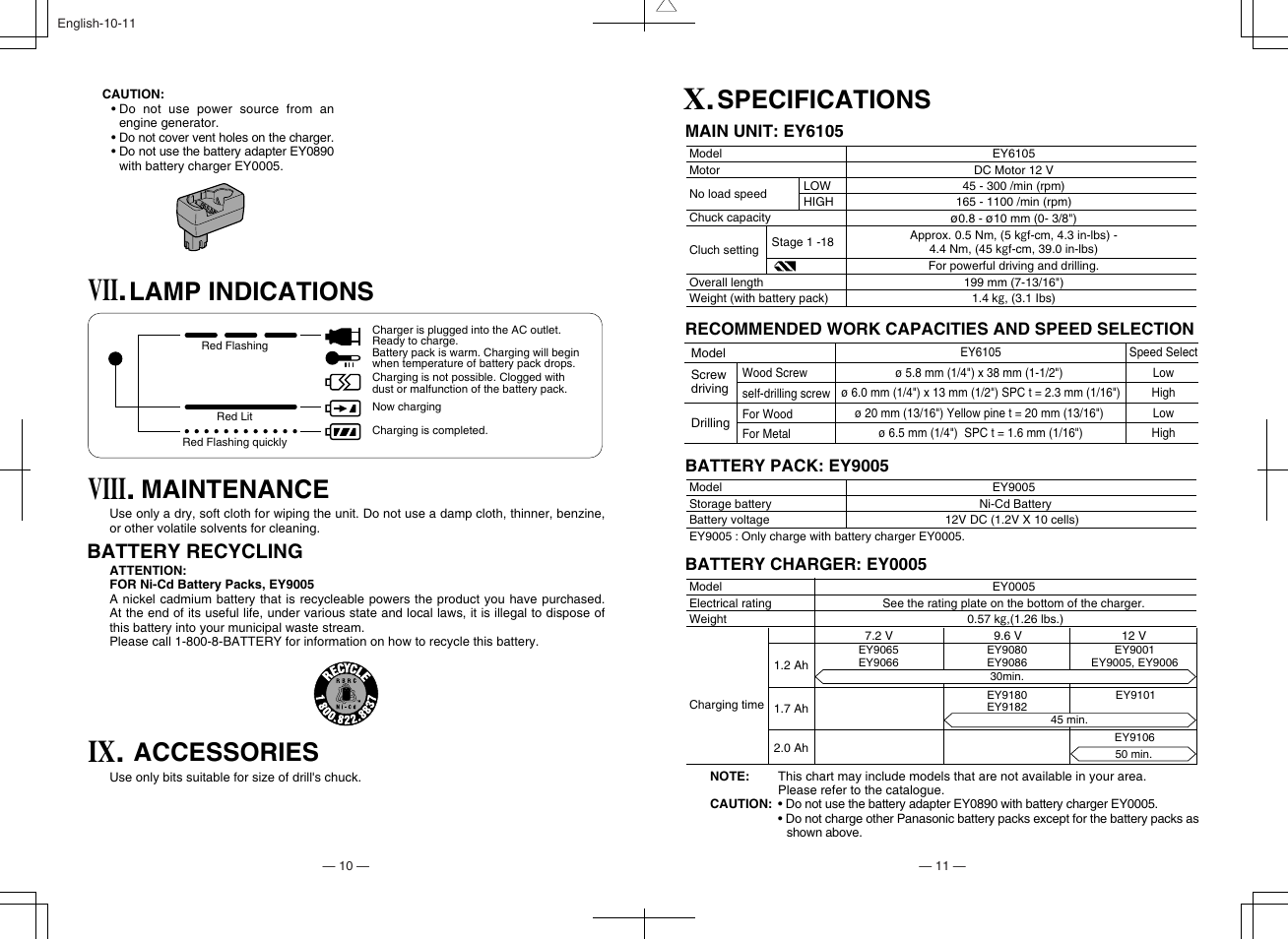 Viii, Lamp indications, Maintenance | Accessories, Specifications, Battery recycling | Panasonic EY6105 User Manual | Page 6 / 16