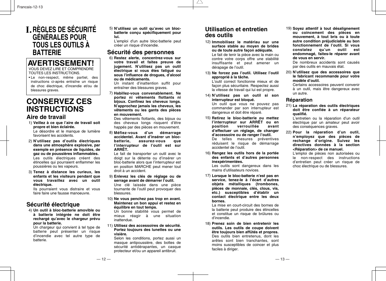 Conservez ces instructions, Aire de travail, Sécurité des personnes | Sécurité électrique, Utilisation et entretien des outils | Panasonic EY6105 User Manual | Page 7 / 16