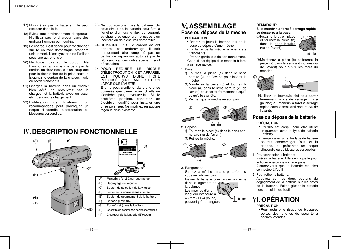 Description fonctionnelle, Assemblage, Opération | Pose ou dépose de la mèche, Pose ou dépose de la batterie | Panasonic EY6105 User Manual | Page 9 / 16