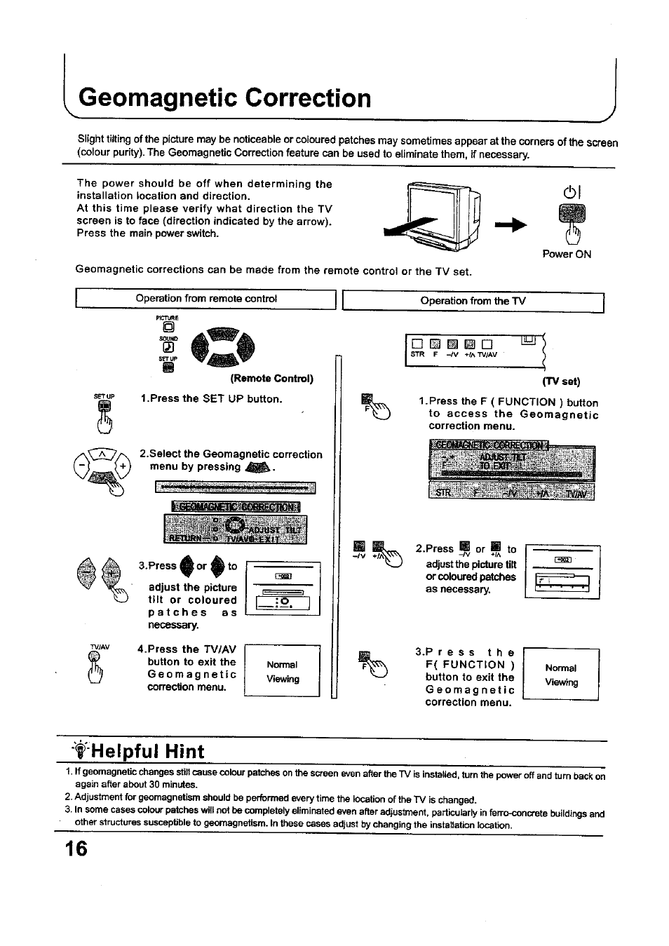 Geomagnetic correction, F'helpful hint | Panasonic TC-34P250X User Manual | Page 16 / 40