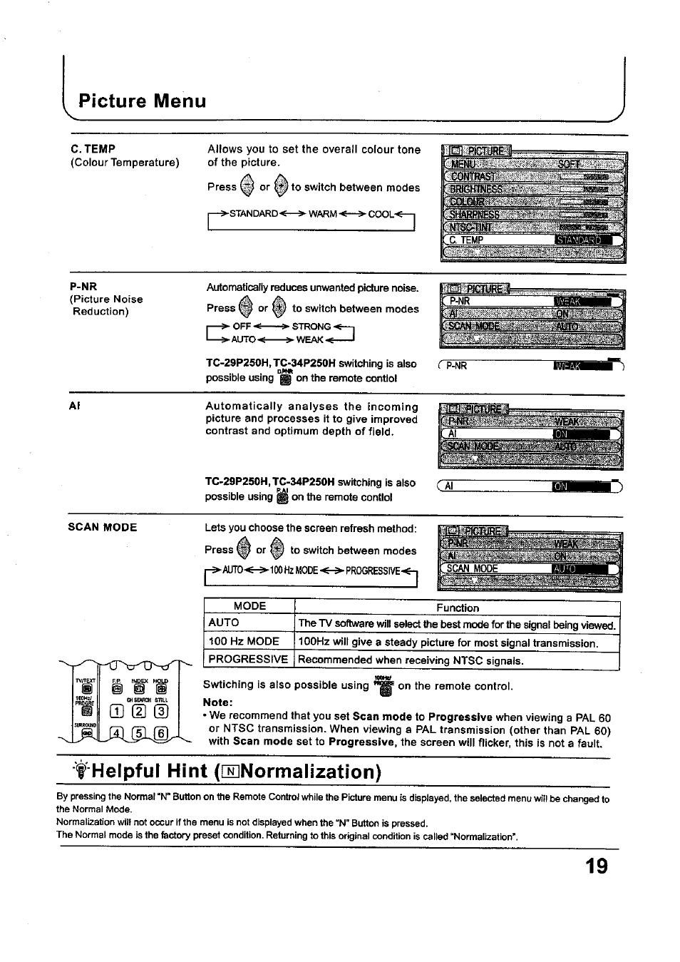 Picture menu, F helpful hint (eslnormalization) | Panasonic TC-34P250X User Manual | Page 19 / 40