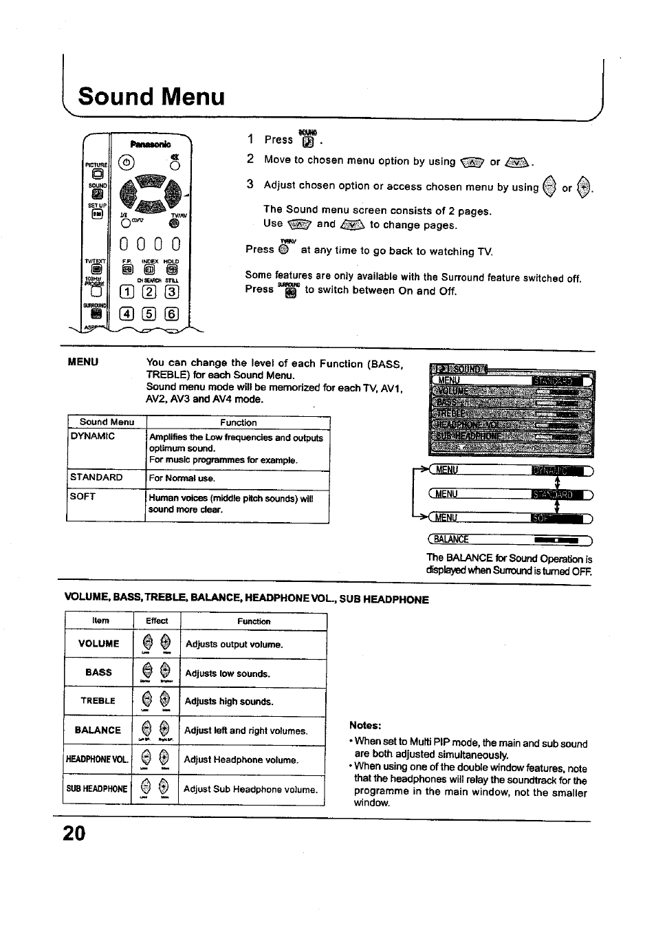 Sound menu | Panasonic TC-34P250X User Manual | Page 20 / 40