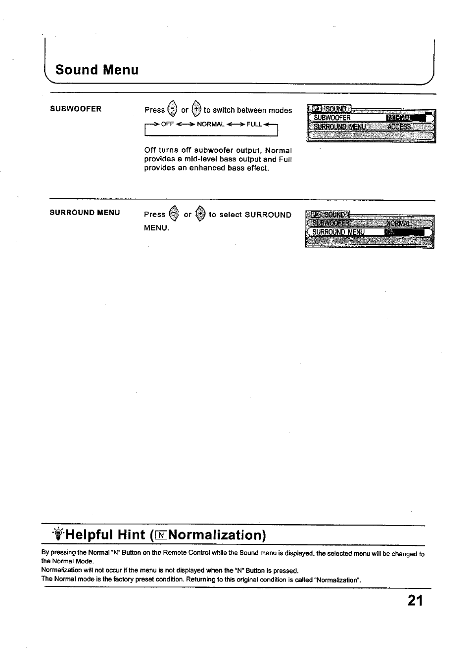 Sound menu, Helpful hint (^normalization) | Panasonic TC-34P250X User Manual | Page 21 / 40