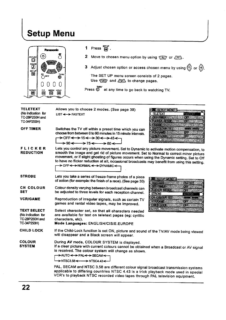 Setup menu | Panasonic TC-34P250X User Manual | Page 22 / 40