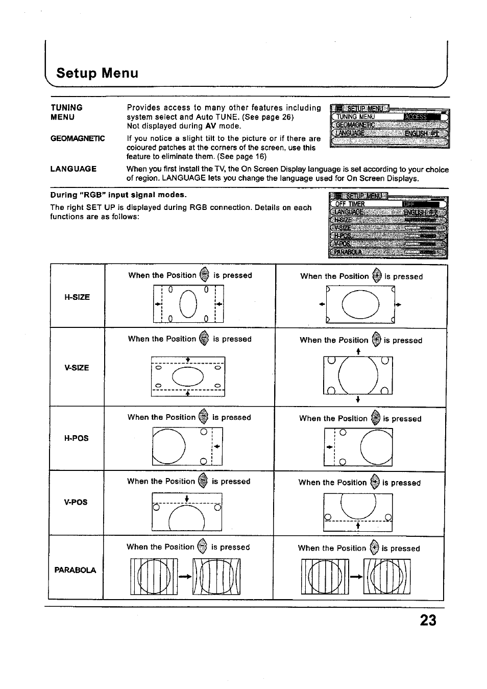 Setup menu | Panasonic TC-34P250X User Manual | Page 23 / 40