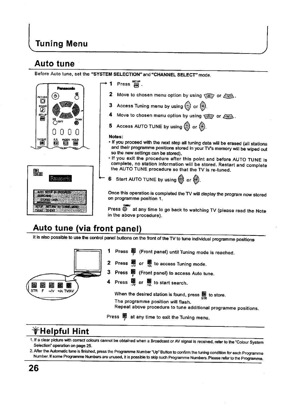 Tuning menu, Auto tune, Auto tune (via front panel) | Helpful hint | Panasonic TC-34P250X User Manual | Page 26 / 40