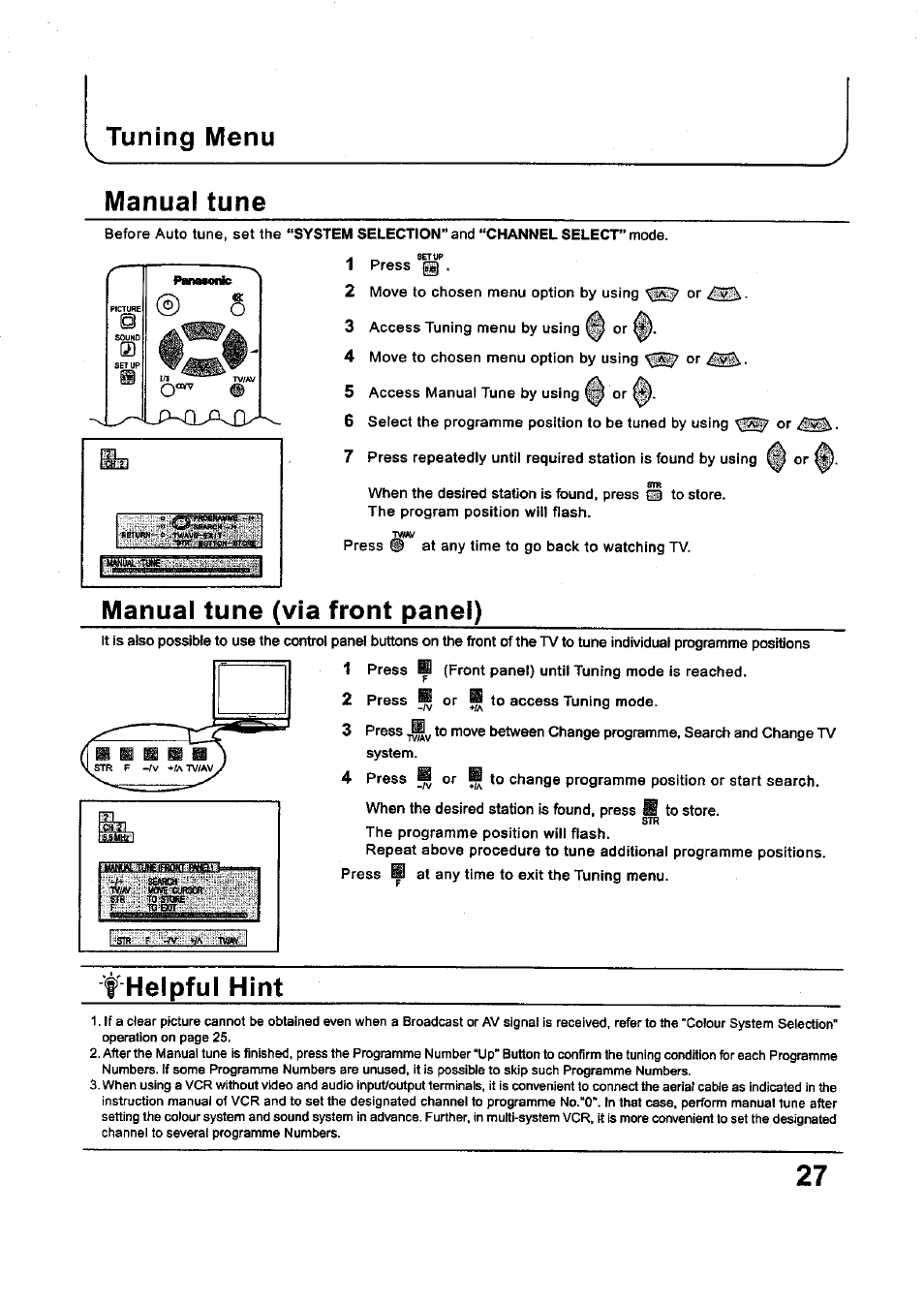 Tuning menu, Manual tune, Manual tune (via front panel) | T'helpful hint | Panasonic TC-34P250X User Manual | Page 27 / 40