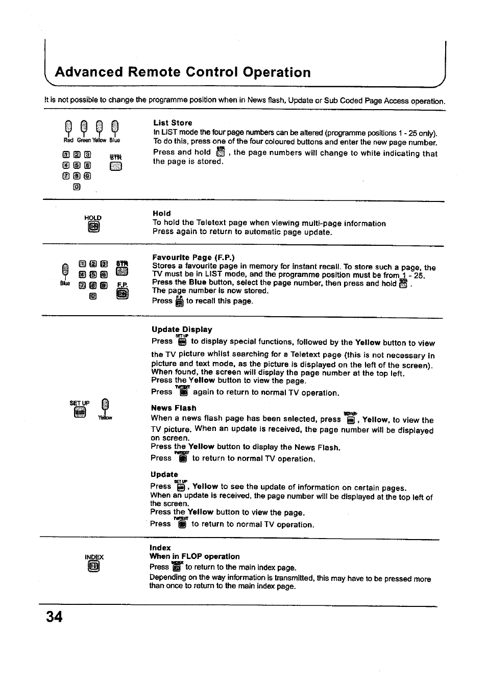 I i i i, Advanced remote control operation | Panasonic TC-34P250X User Manual | Page 34 / 40