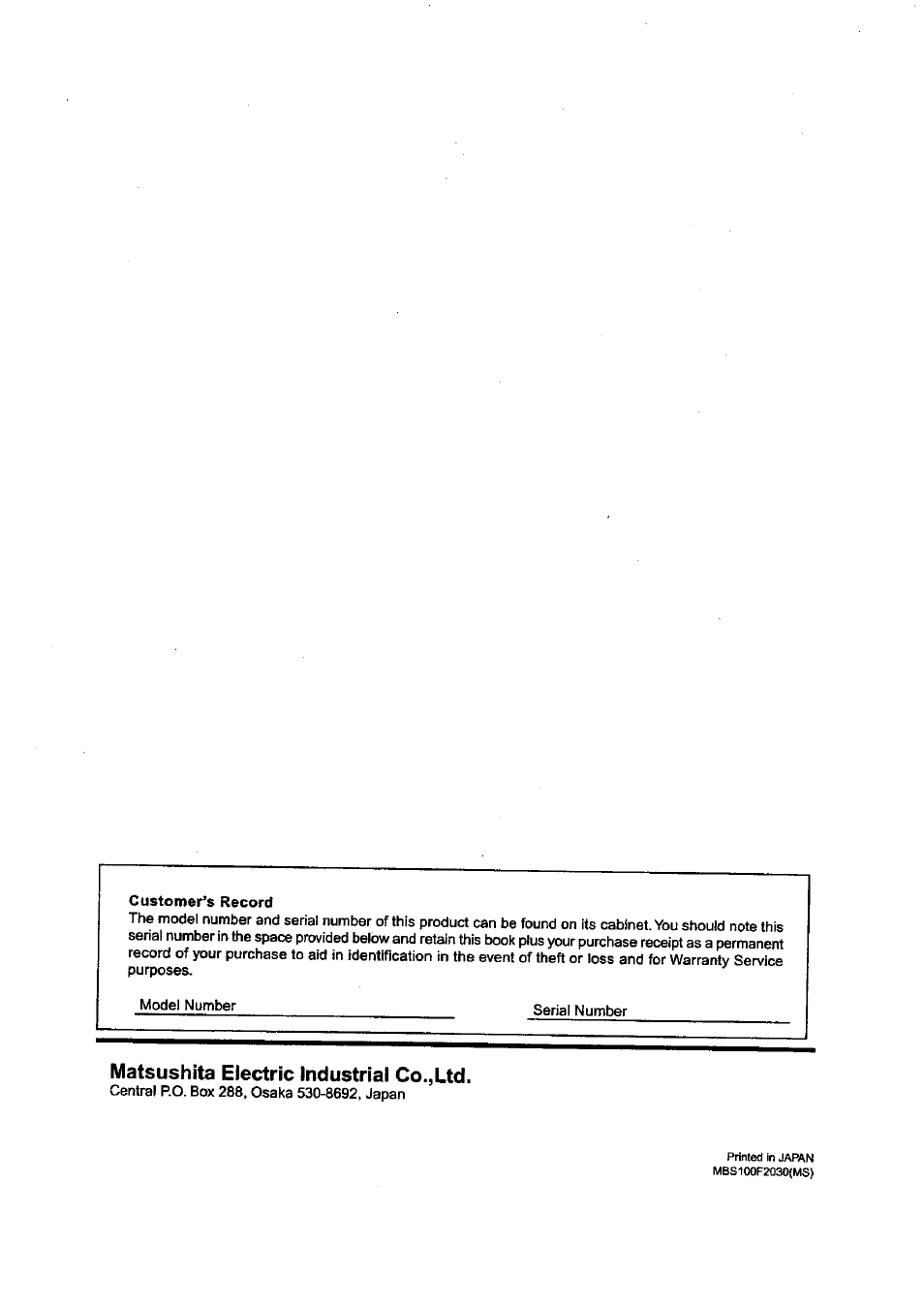 Customer's record, Matsushita electric industrial co.,ltd | Panasonic TC-34P250X User Manual | Page 40 / 40