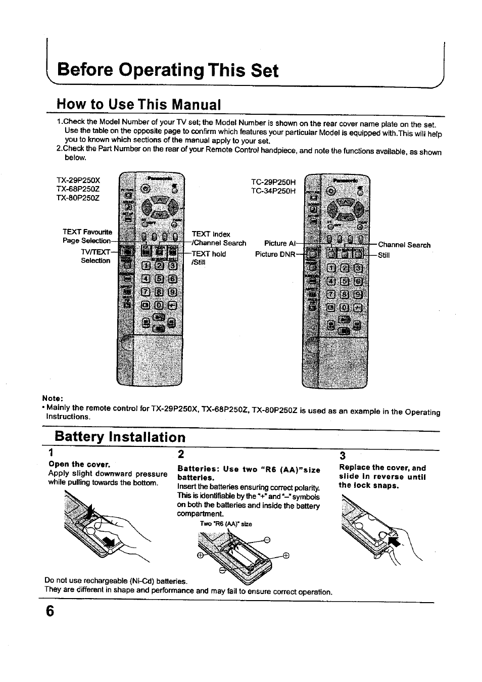 Before operating this set, Before operating this set "7, How to use this manual | Battery installation | Panasonic TC-34P250X User Manual | Page 6 / 40