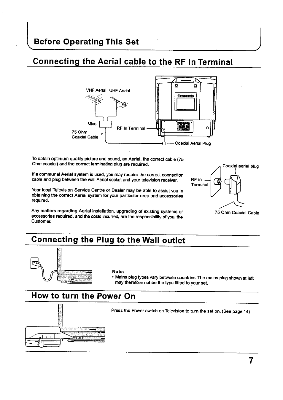 Connecting the plug to the wall outlet, How to turn the power on | Panasonic TC-34P250X User Manual | Page 7 / 40