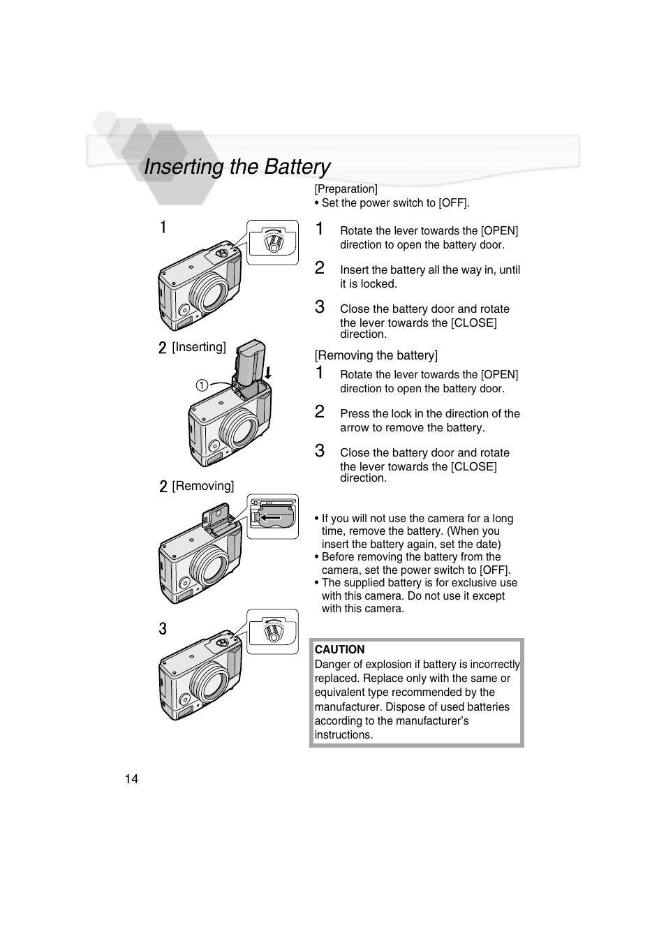 Inserting the battery, R (p14, P14) | Removing the battery, Inserting] [removing | Panasonic DMC-LC5PP User Manual | Page 14 / 108