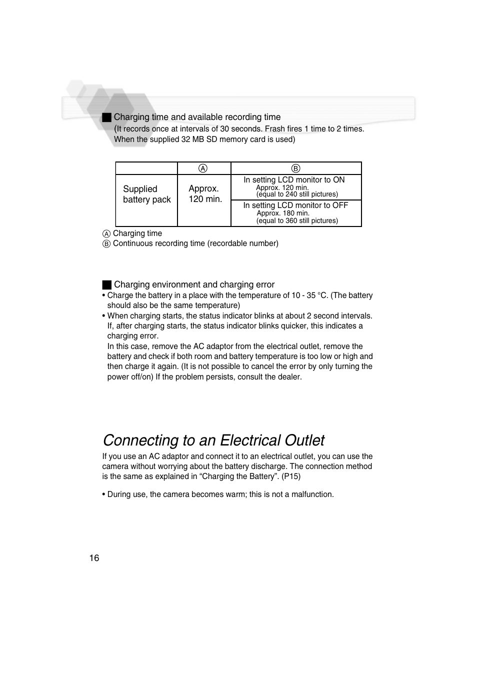 Connecting to an electrical outlet | Panasonic DMC-LC5PP User Manual | Page 16 / 108