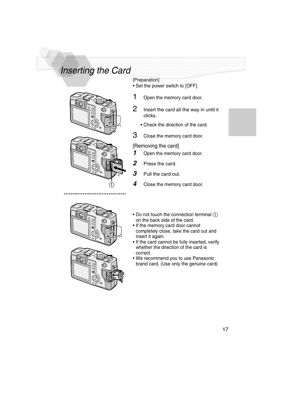 Inserting the card, P17) | Panasonic DMC-LC5PP User Manual | Page 17 / 108