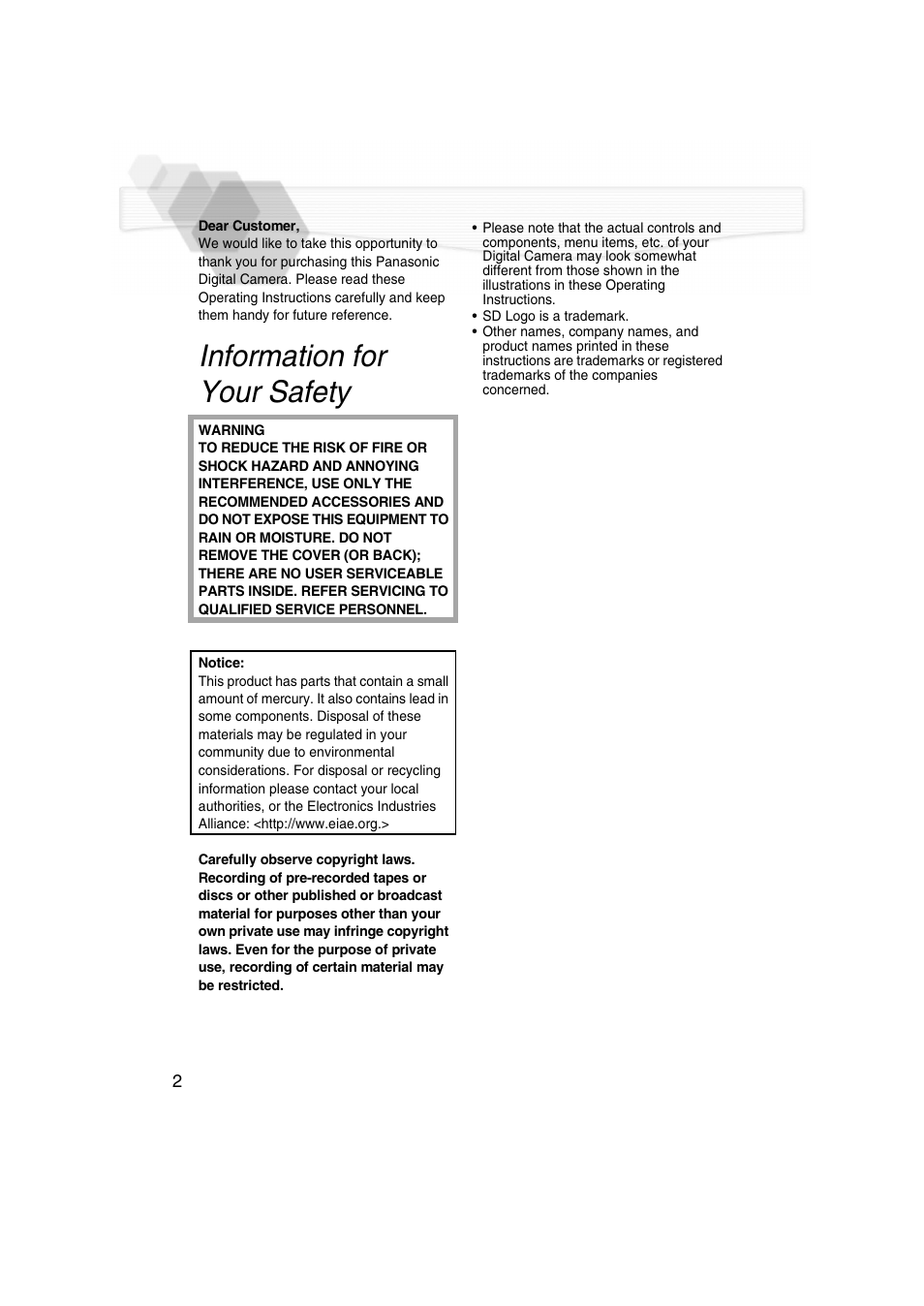 Information for your safety | Panasonic DMC-LC5PP User Manual | Page 2 / 108
