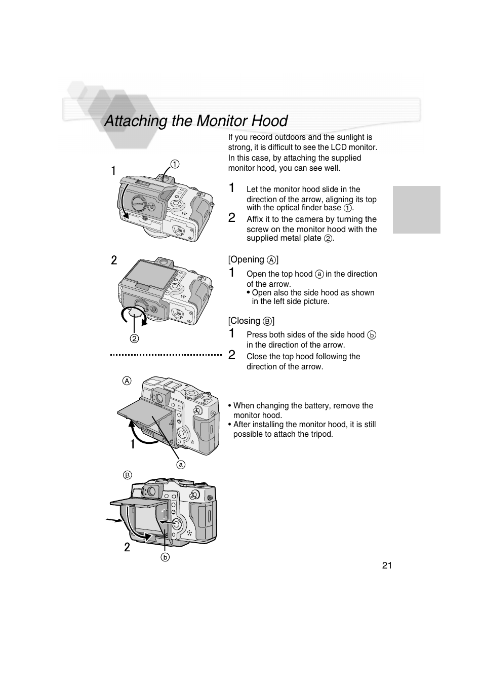 Attaching the monitor hood | Panasonic DMC-LC5PP User Manual | Page 21 / 108