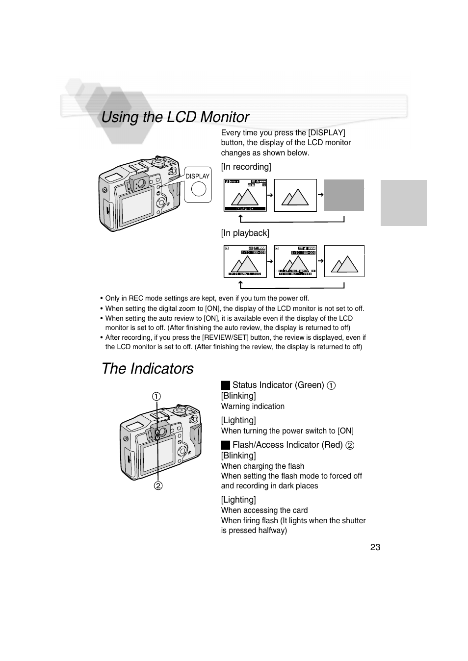Using the lcd monitor the indicators, R (p23, Using the lcd monitor | The indicators | Panasonic DMC-LC5PP User Manual | Page 23 / 108