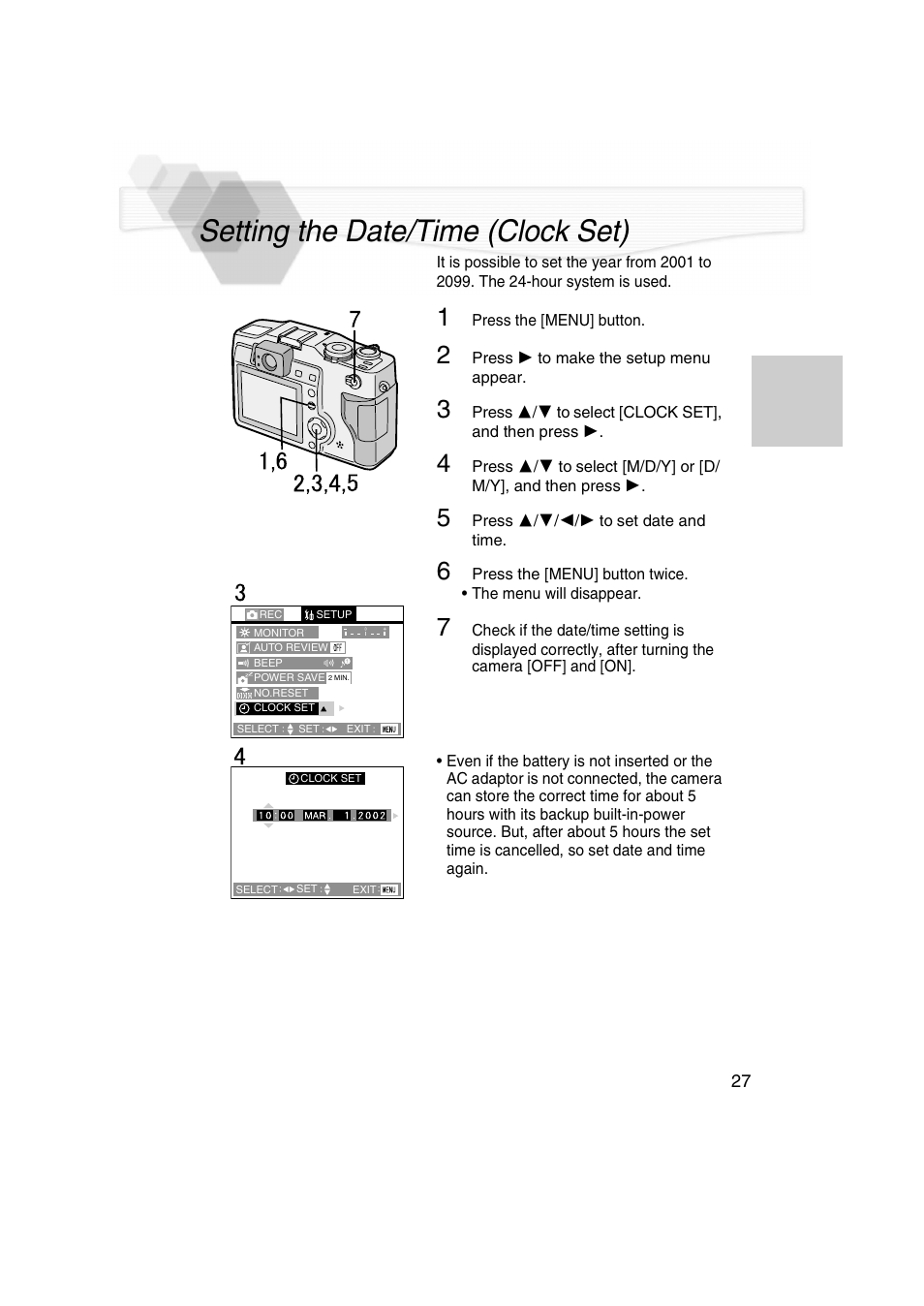 Setting the date/time (clock set), P27) | Panasonic DMC-LC5PP User Manual | Page 27 / 108