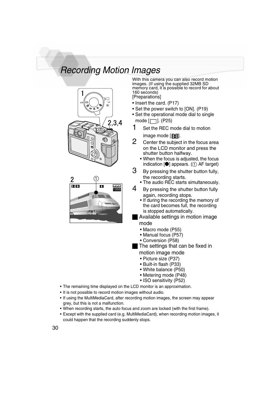 Recording motion images, Ode (p30), P30) | Panasonic DMC-LC5PP User Manual | Page 30 / 108