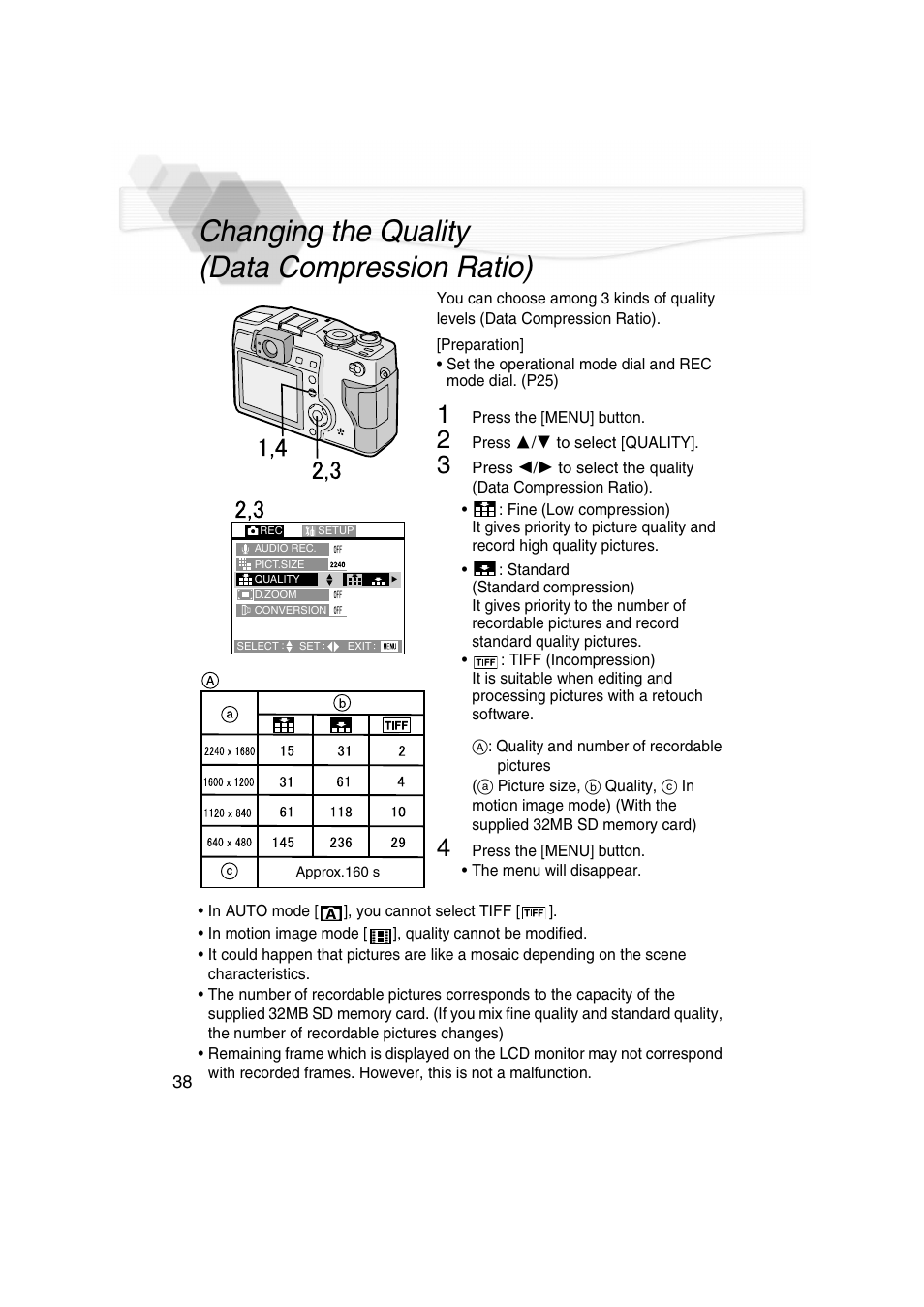 Changing the quality (data compression ratio), O) (p38), P38) | Panasonic DMC-LC5PP User Manual | Page 38 / 108