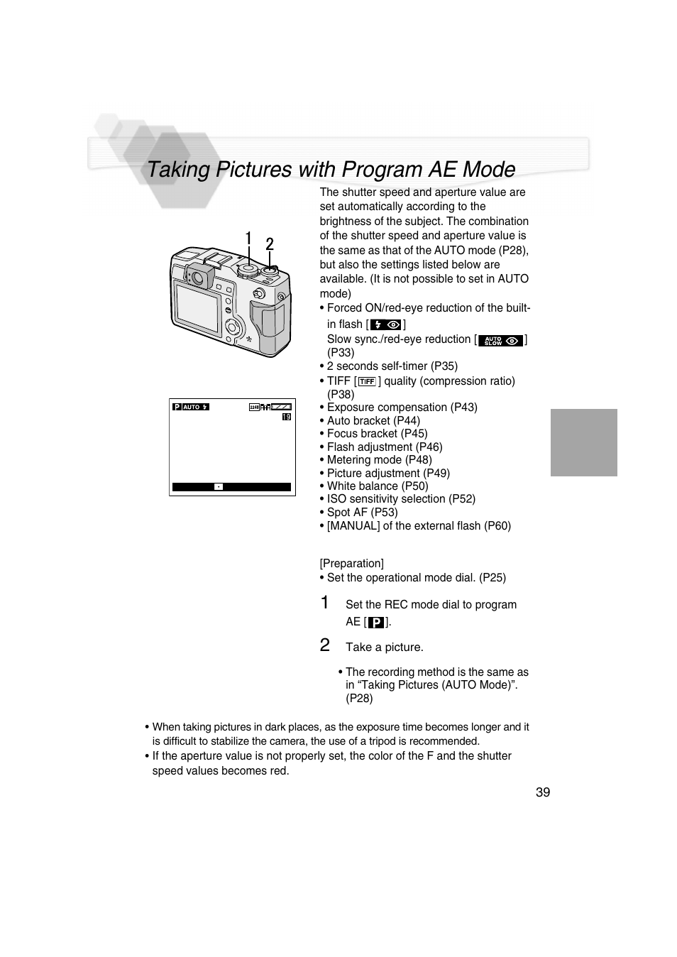 Taking pictures with program ae mode, P39) | Panasonic DMC-LC5PP User Manual | Page 39 / 108