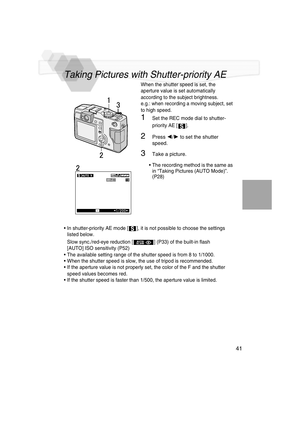 Taking pictures with shutter-priority ae, P41) | Panasonic DMC-LC5PP User Manual | Page 41 / 108