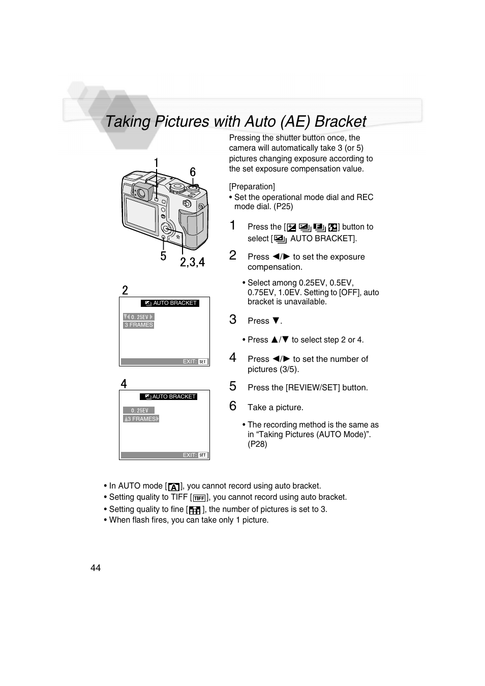 Taking pictures with auto (ae) bracket, T (p44), P44) | Panasonic DMC-LC5PP User Manual | Page 44 / 108