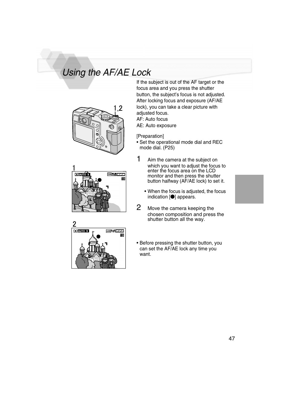 Using the af/ae lock | Panasonic DMC-LC5PP User Manual | Page 47 / 108