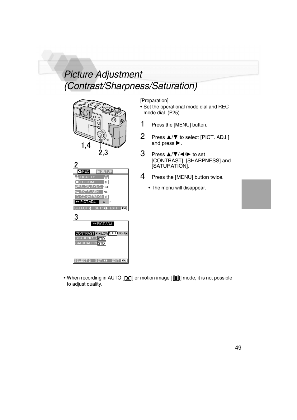 Picture adjustment (contrast/sharpness/saturation), P49) | Panasonic DMC-LC5PP User Manual | Page 49 / 108