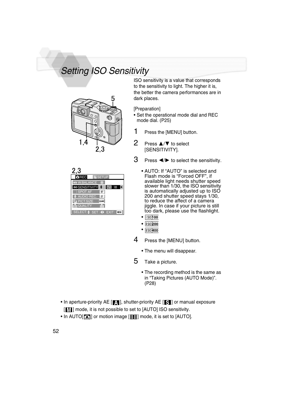 Setting iso sensitivity, P52), Ity (p52) | Panasonic DMC-LC5PP User Manual | Page 52 / 108
