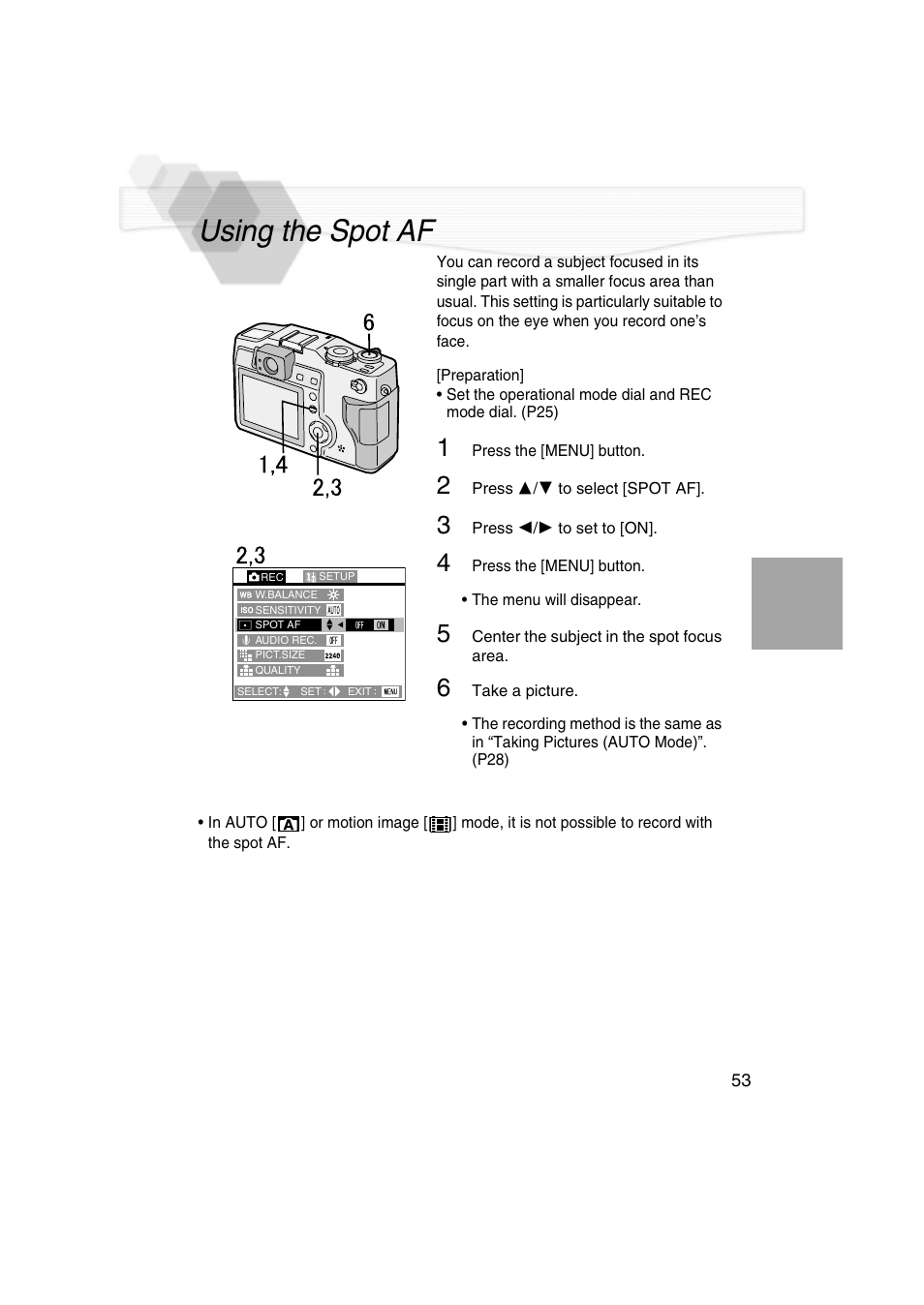 Using the spot af, P53), Area (p53) | Panasonic DMC-LC5PP User Manual | Page 53 / 108