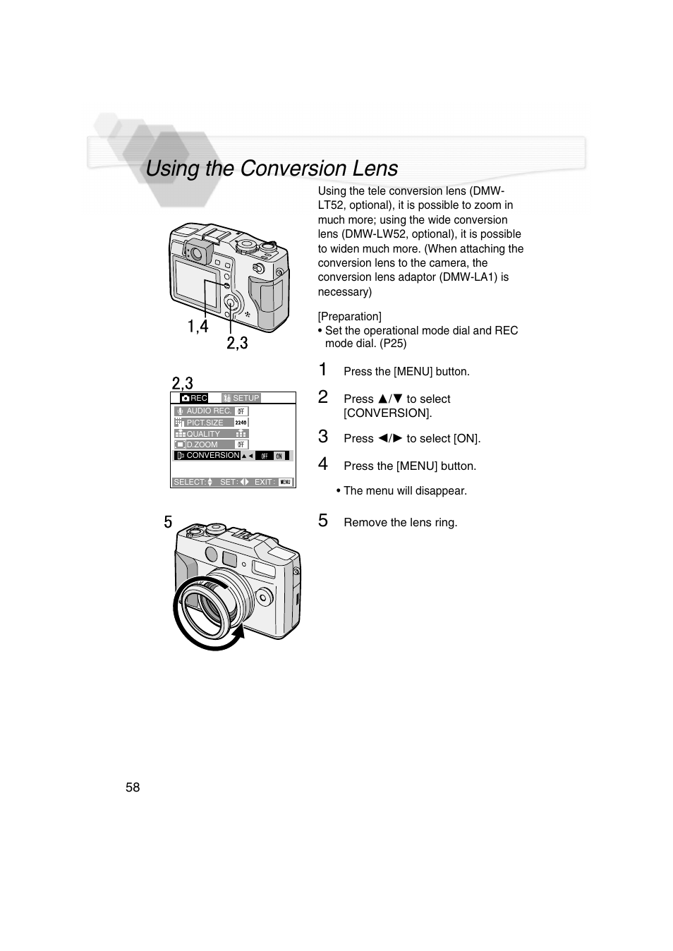 Using the conversion lens, P58) | Panasonic DMC-LC5PP User Manual | Page 58 / 108