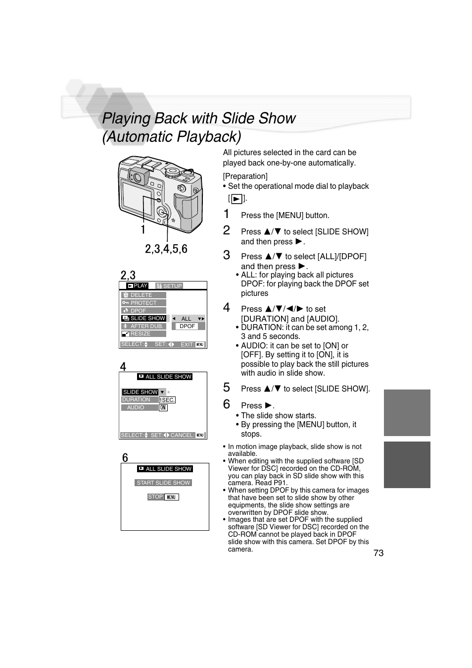 Playing back with slide show (automatic playback) | Panasonic DMC-LC5PP User Manual | Page 73 / 108