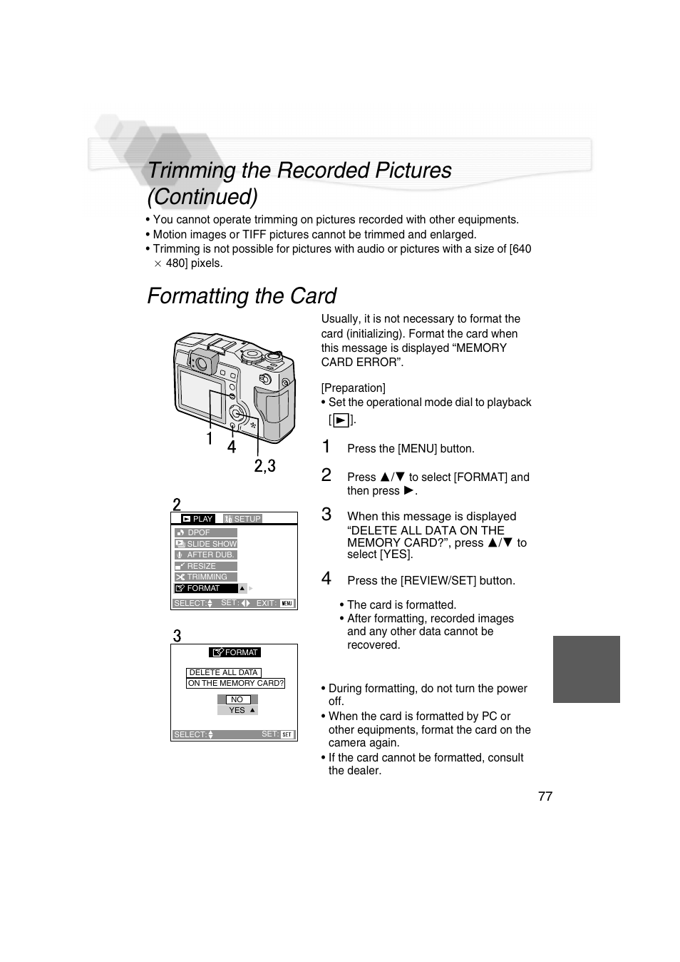 Formatting the card, Trimming the recorded pictures (continued) | Panasonic DMC-LC5PP User Manual | Page 77 / 108