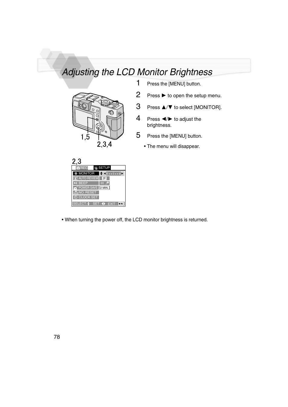Adjusting the lcd monitor brightness | Panasonic DMC-LC5PP User Manual | Page 78 / 108