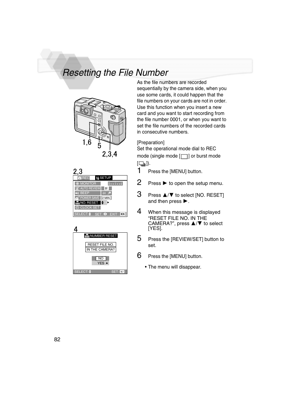 Resetting the file number | Panasonic DMC-LC5PP User Manual | Page 82 / 108