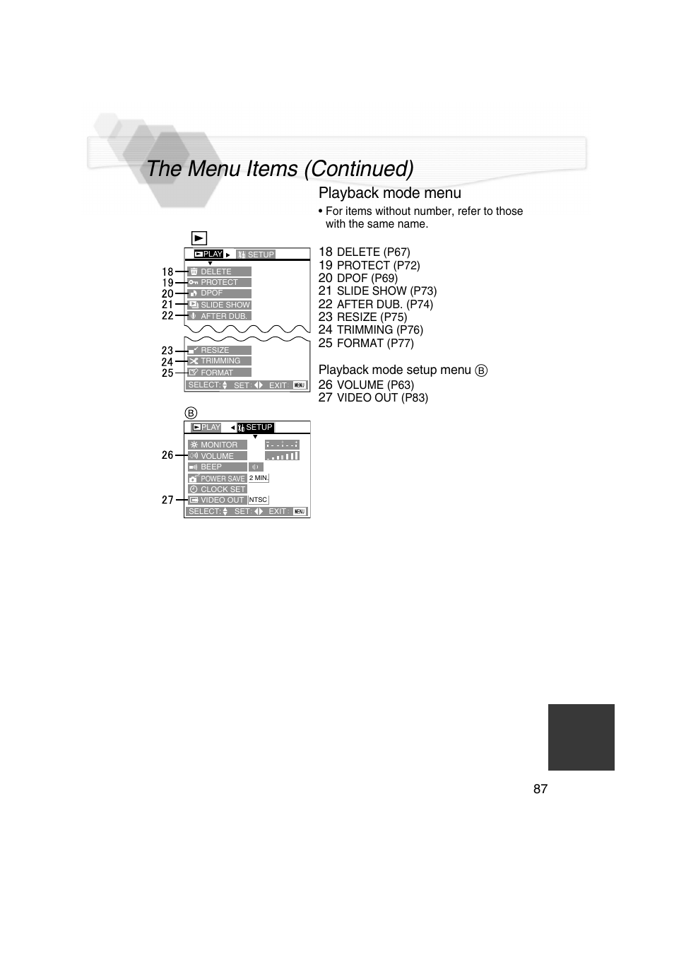 The menu items (continued), Playback mode menu | Panasonic DMC-LC5PP User Manual | Page 87 / 108