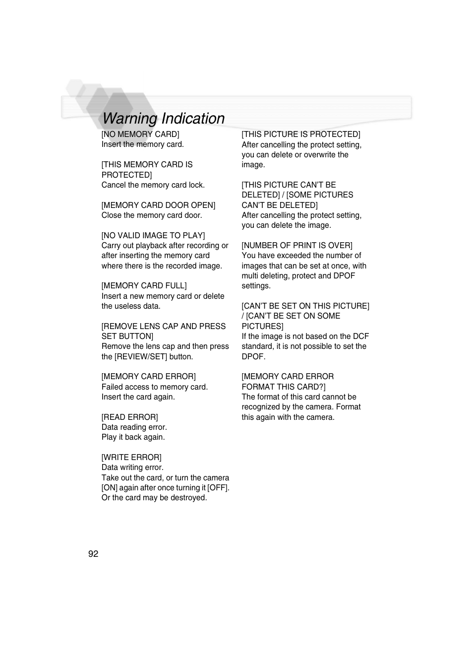 Warning indication | Panasonic DMC-LC5PP User Manual | Page 92 / 108