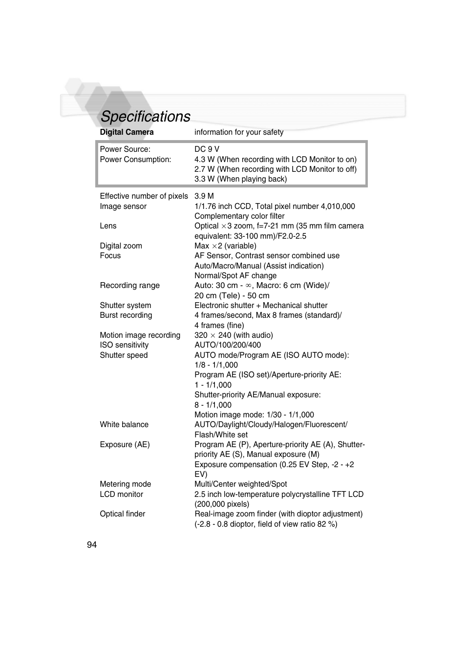 Specifications | Panasonic DMC-LC5PP User Manual | Page 94 / 108