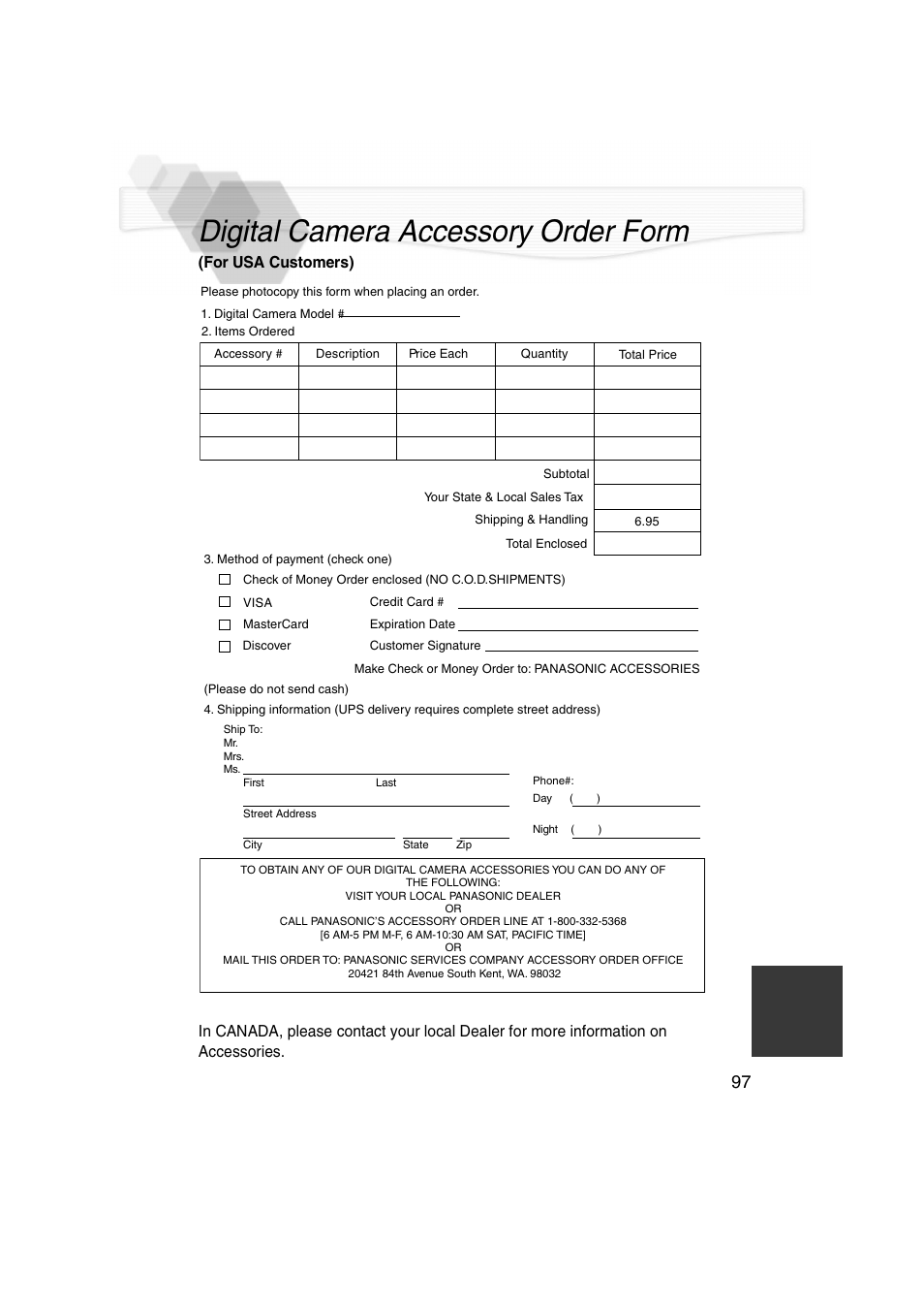 Digital camera accessory order form | Panasonic DMC-LC5PP User Manual | Page 97 / 108