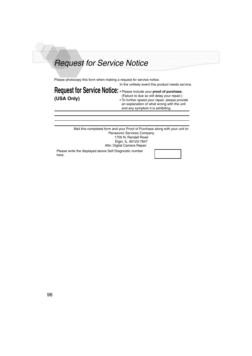Request for service notice | Panasonic DMC-LC5PP User Manual | Page 98 / 108