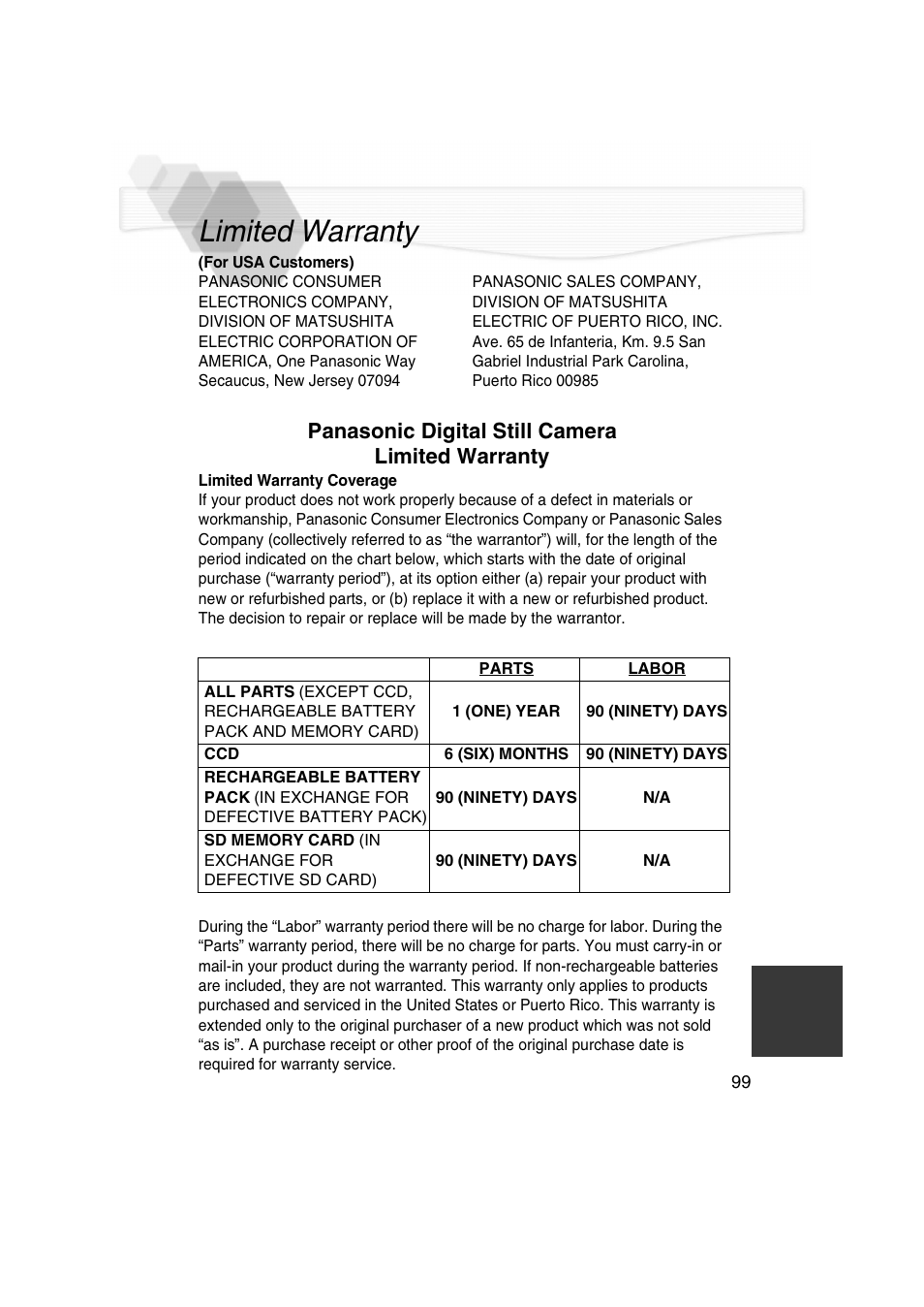 Limited warranty, Panasonic digital still camera limited warranty | Panasonic DMC-LC5PP User Manual | Page 99 / 108