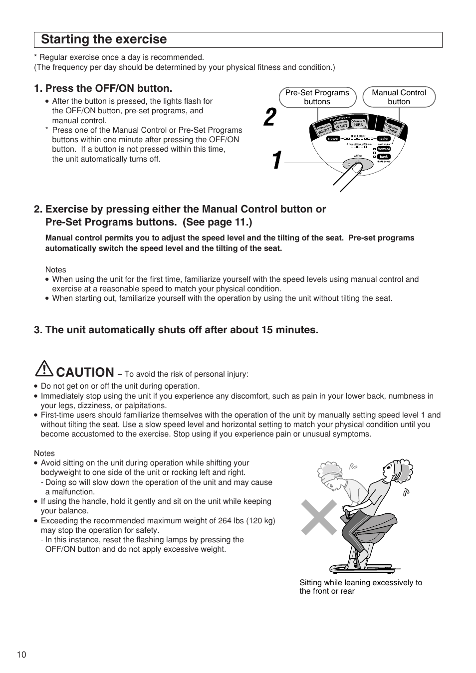 Caution, Starting the exercise | Panasonic EU6441 User Manual | Page 12 / 37