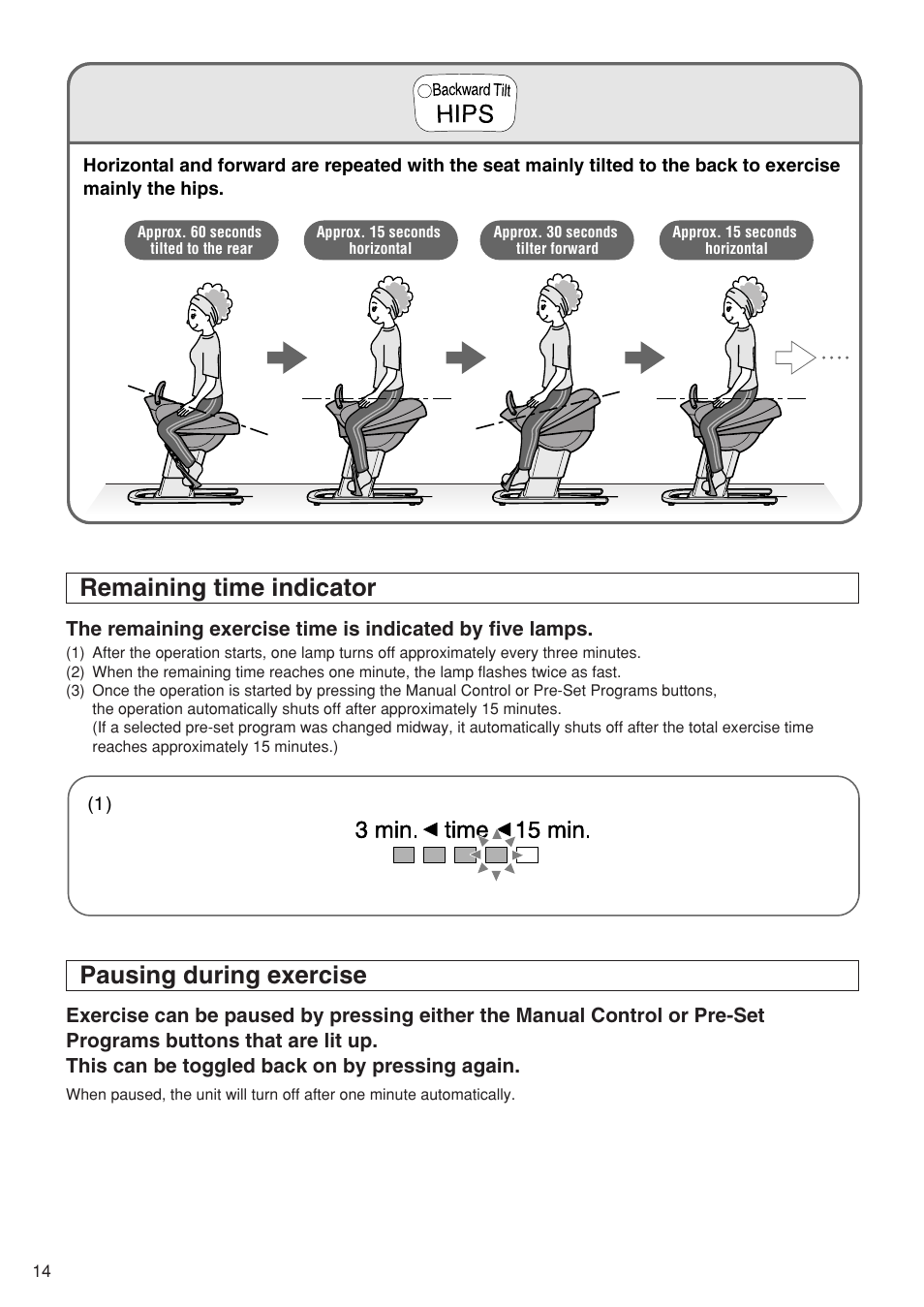 Remaining time indicator, Pausing during exercise | Panasonic EU6441 User Manual | Page 16 / 37