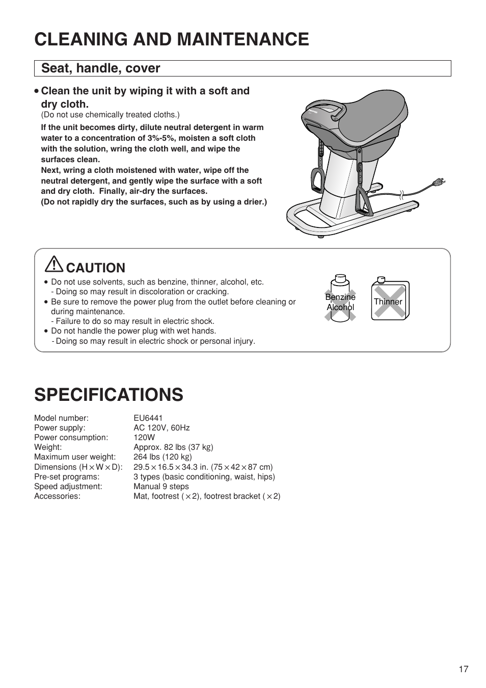 Cleaning and maintenance, Specifications, Seat, handle, cover caution | Panasonic EU6441 User Manual | Page 19 / 37