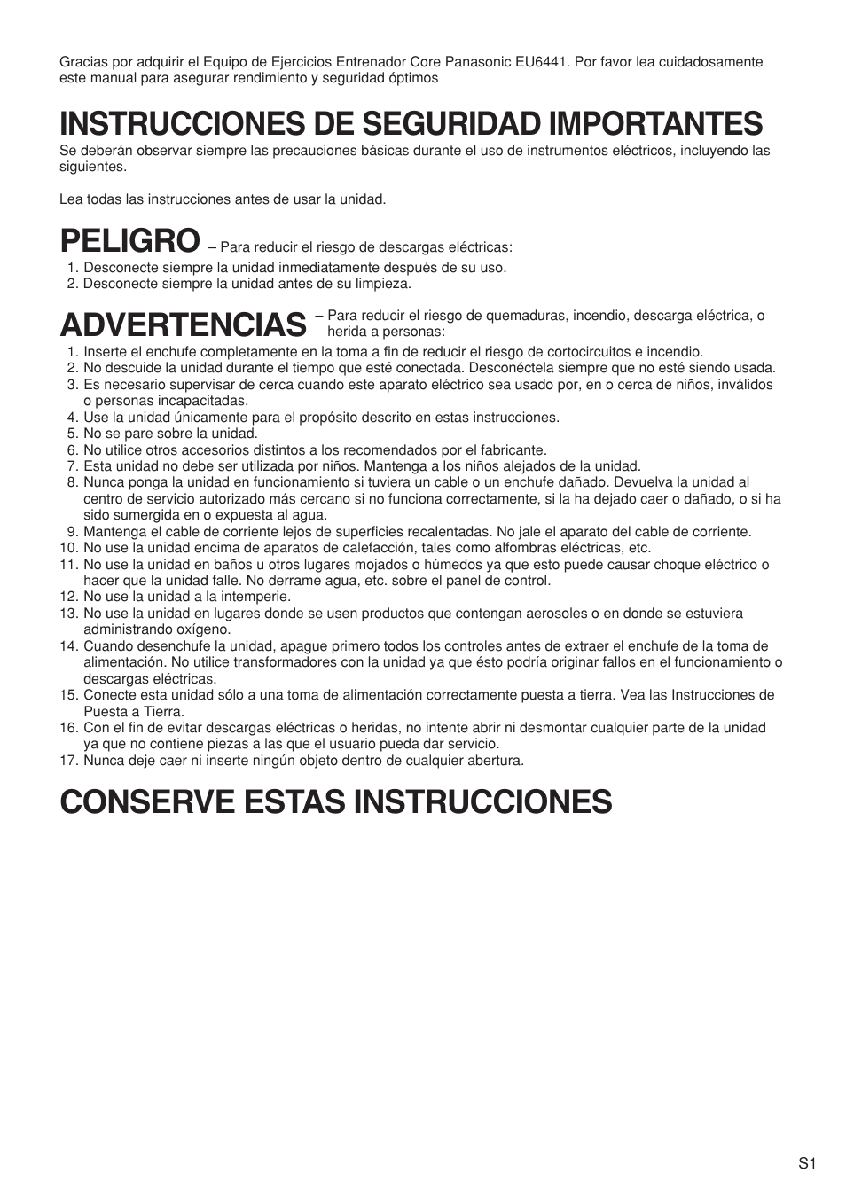 Spanish, Instrucciones de seguridad importantes, Peligro | Advertencias, Conserve estas instrucciones | Panasonic EU6441 User Manual | Page 20 / 37