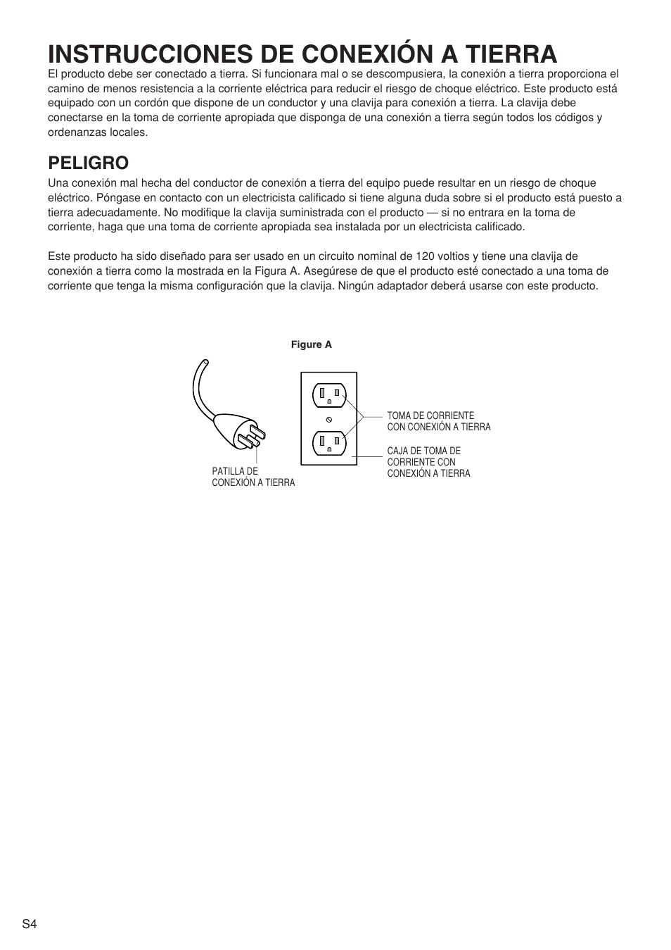 Instrucciones de conexión a tierra, Peligro | Panasonic EU6441 User Manual | Page 23 / 37