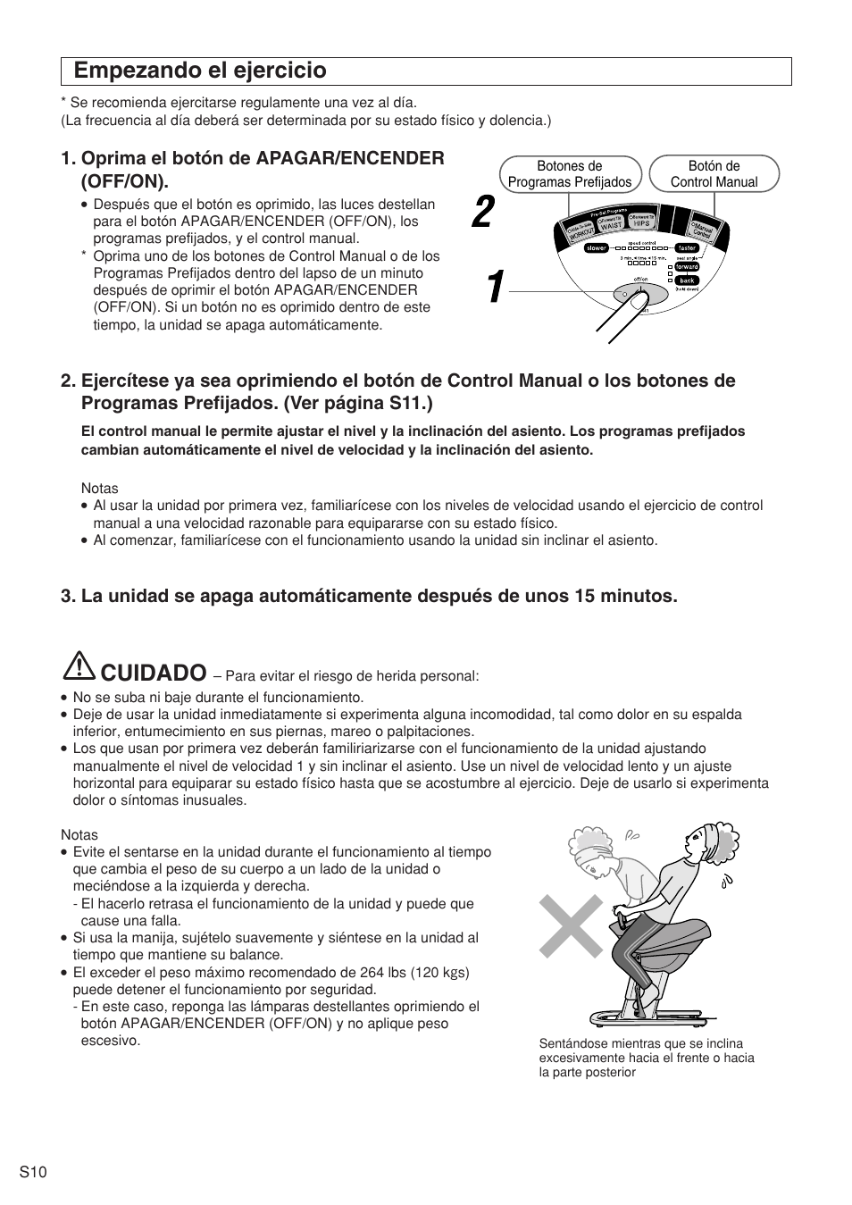 Cuidado, Empezando el ejercicio | Panasonic EU6441 User Manual | Page 29 / 37